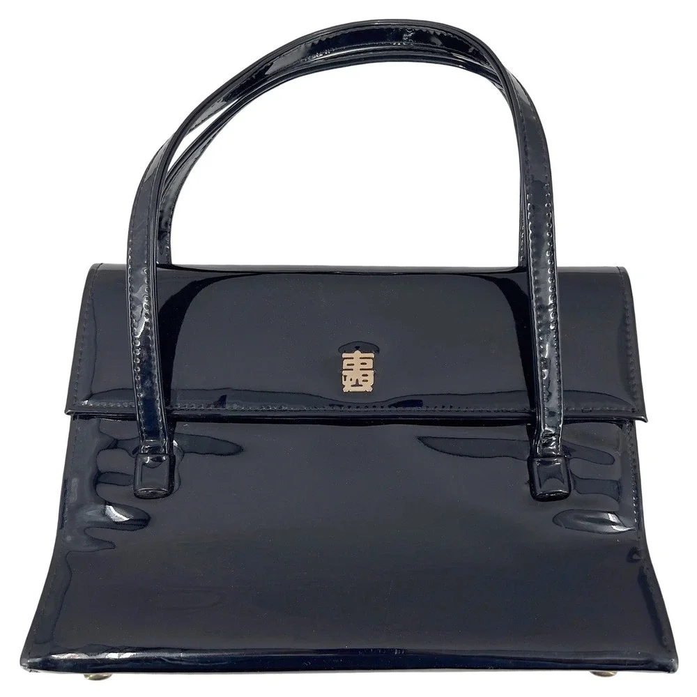 Vintage 60s JR USA Black Patent Leather Handbag Gold Chinese Character MCM